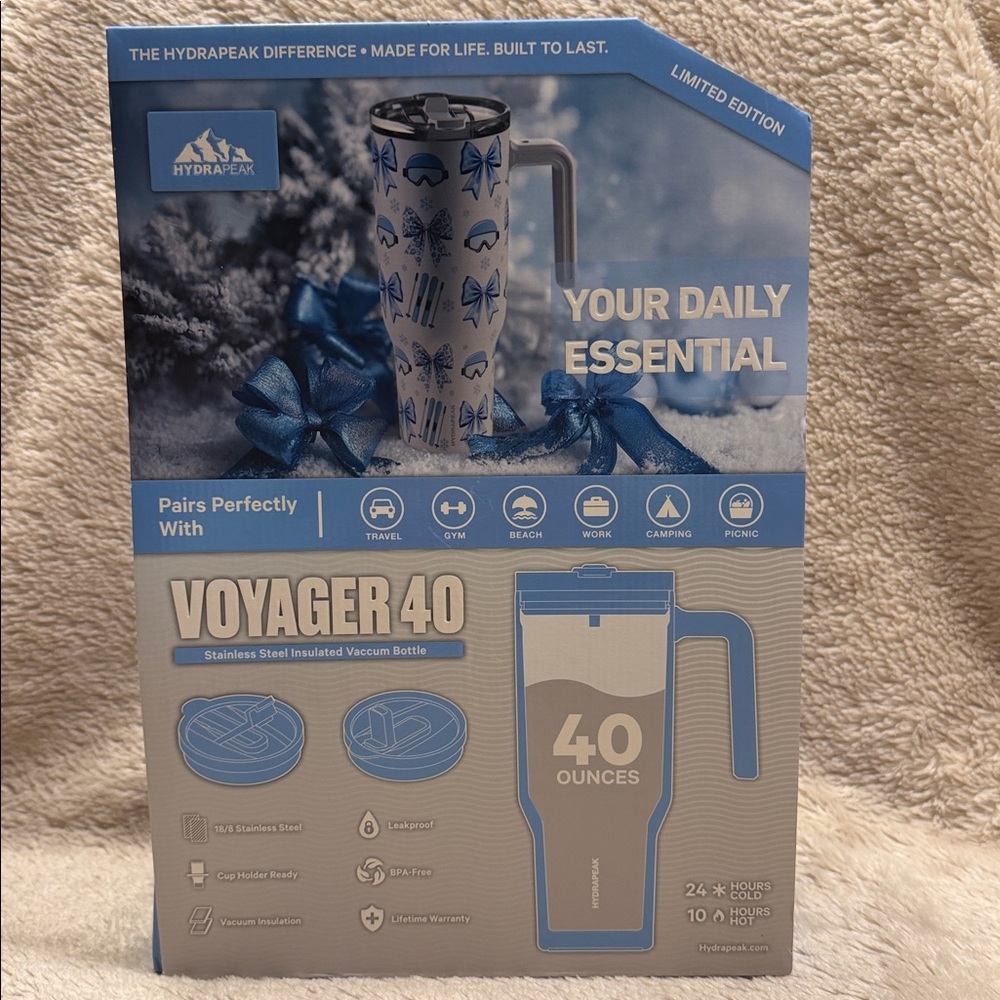 HYDRAPEAK “Ski Blue Bow" Limited Edition Hydrapeak 40oz Voyager Tumbler - Picture 4 of 10